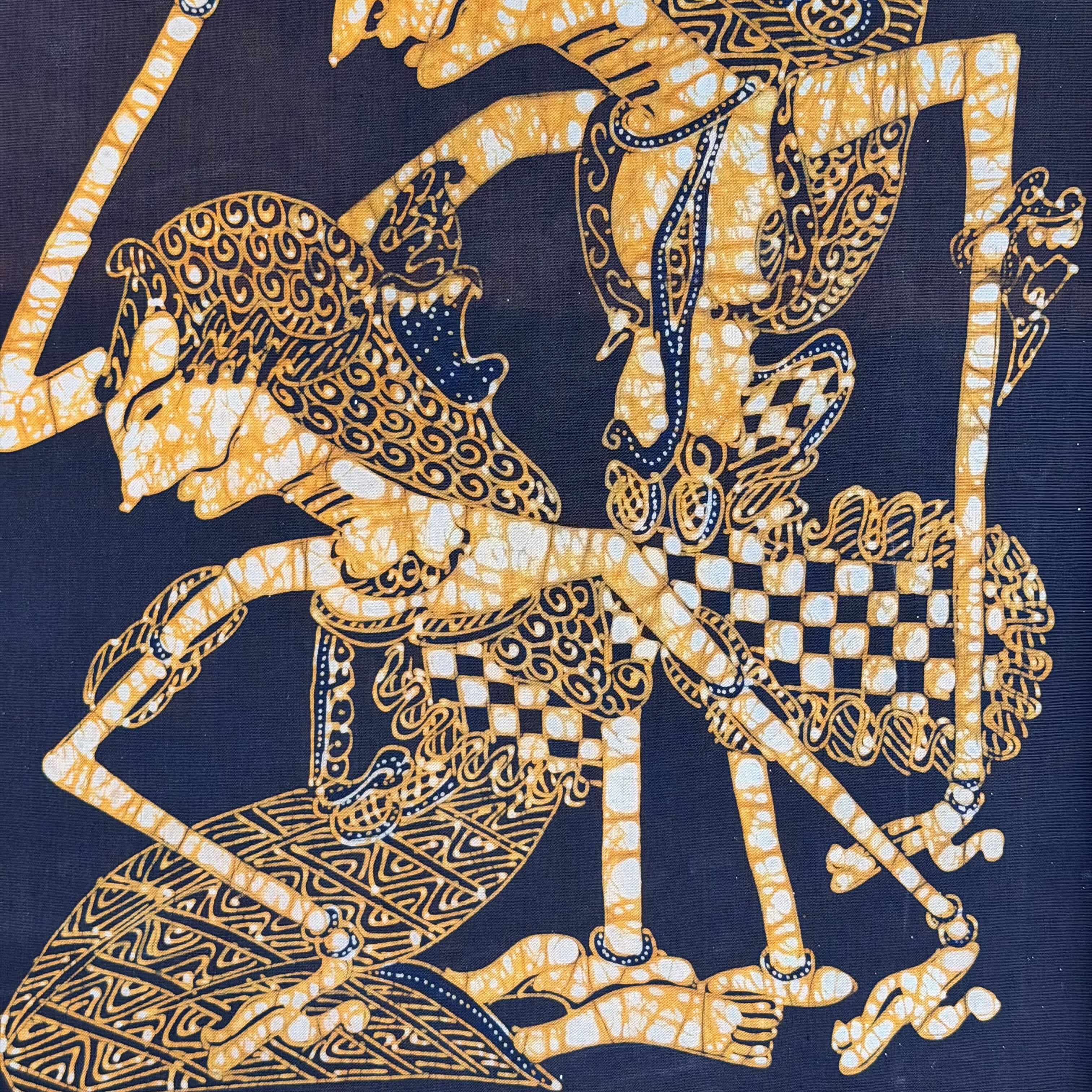 Decorative design of a warrior on a horse with intricate patterns on a dark background