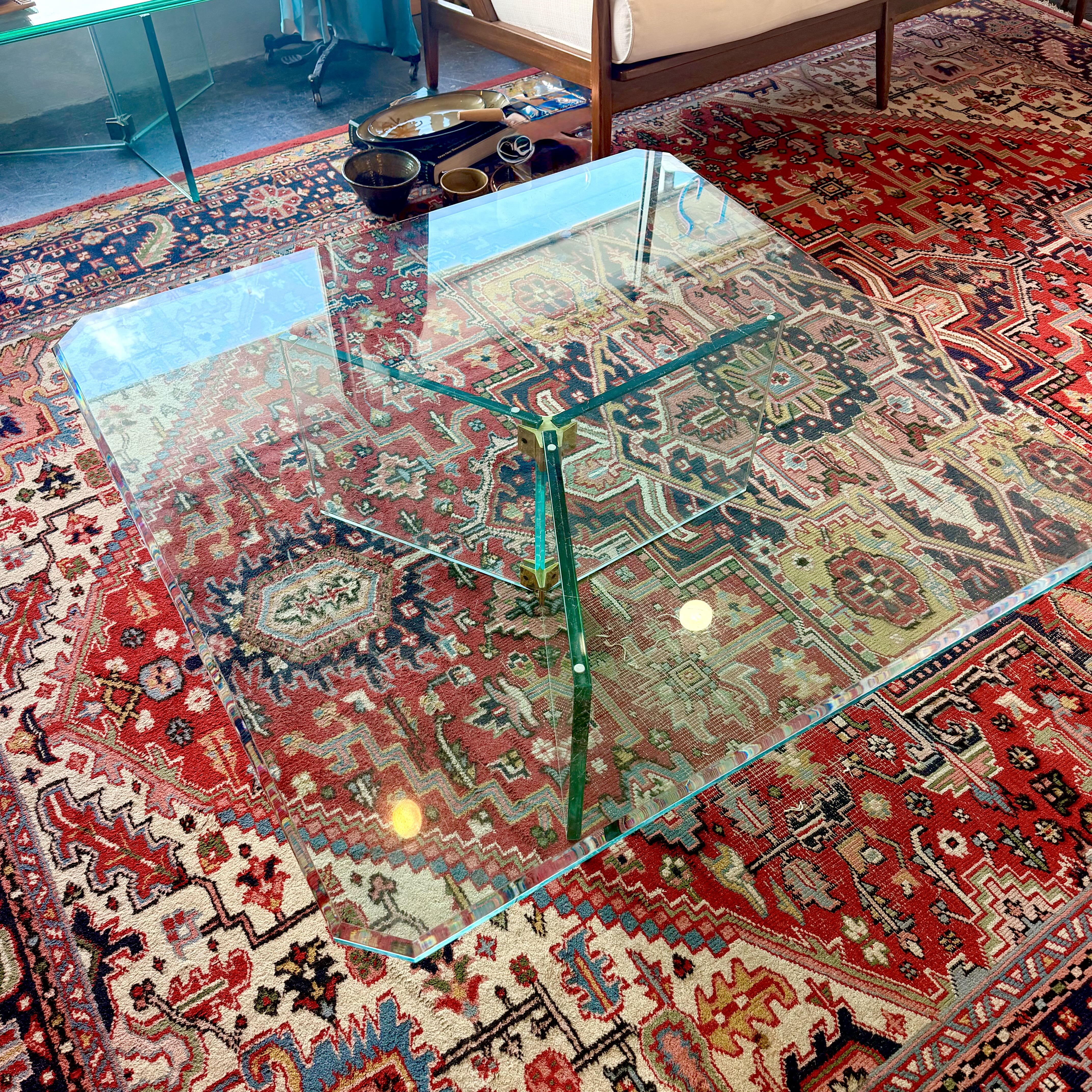Vintage Leon Rosen Style Glass & Brass Large Coffee Table