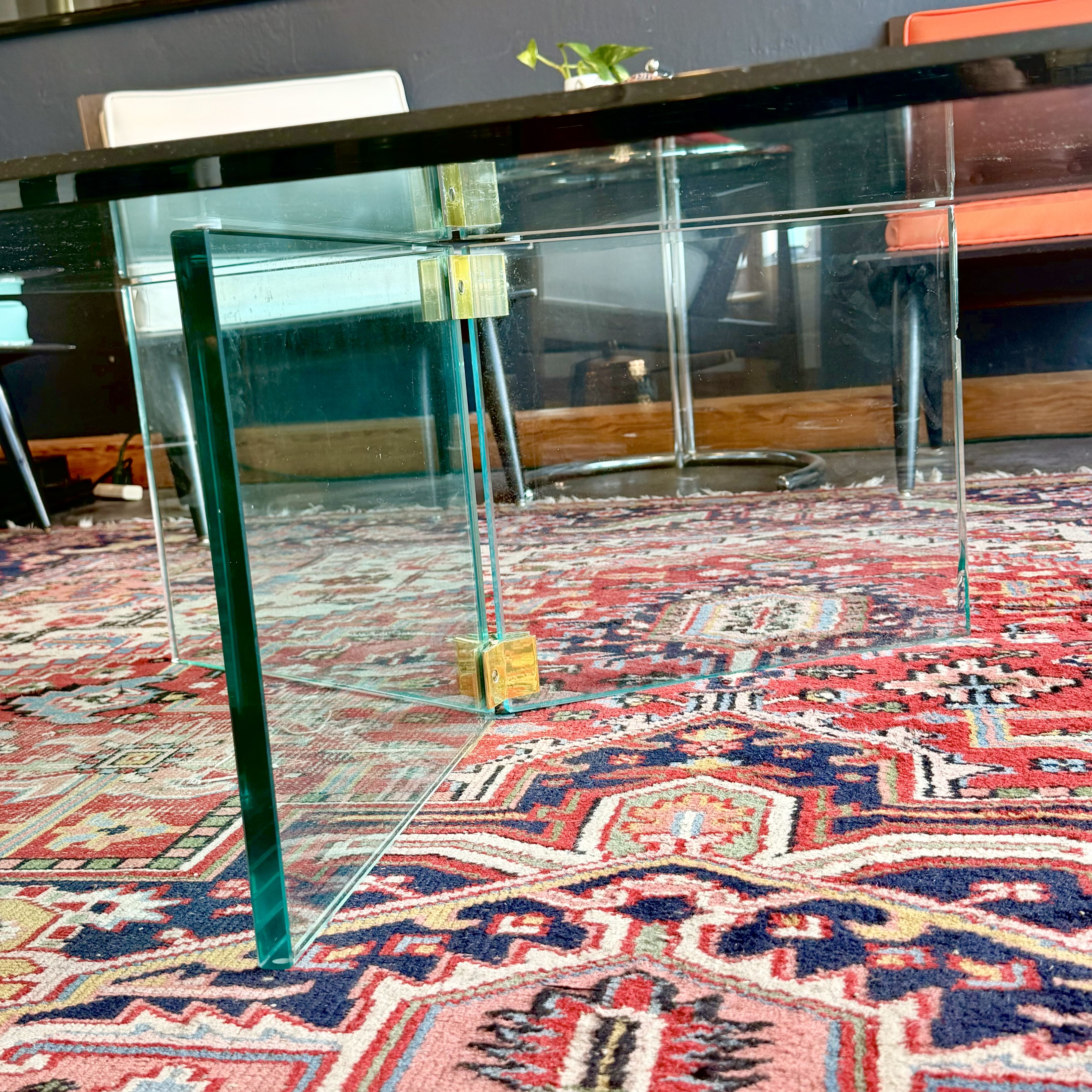 Vintage Leon Rosen Style Glass & Brass Large Coffee Table