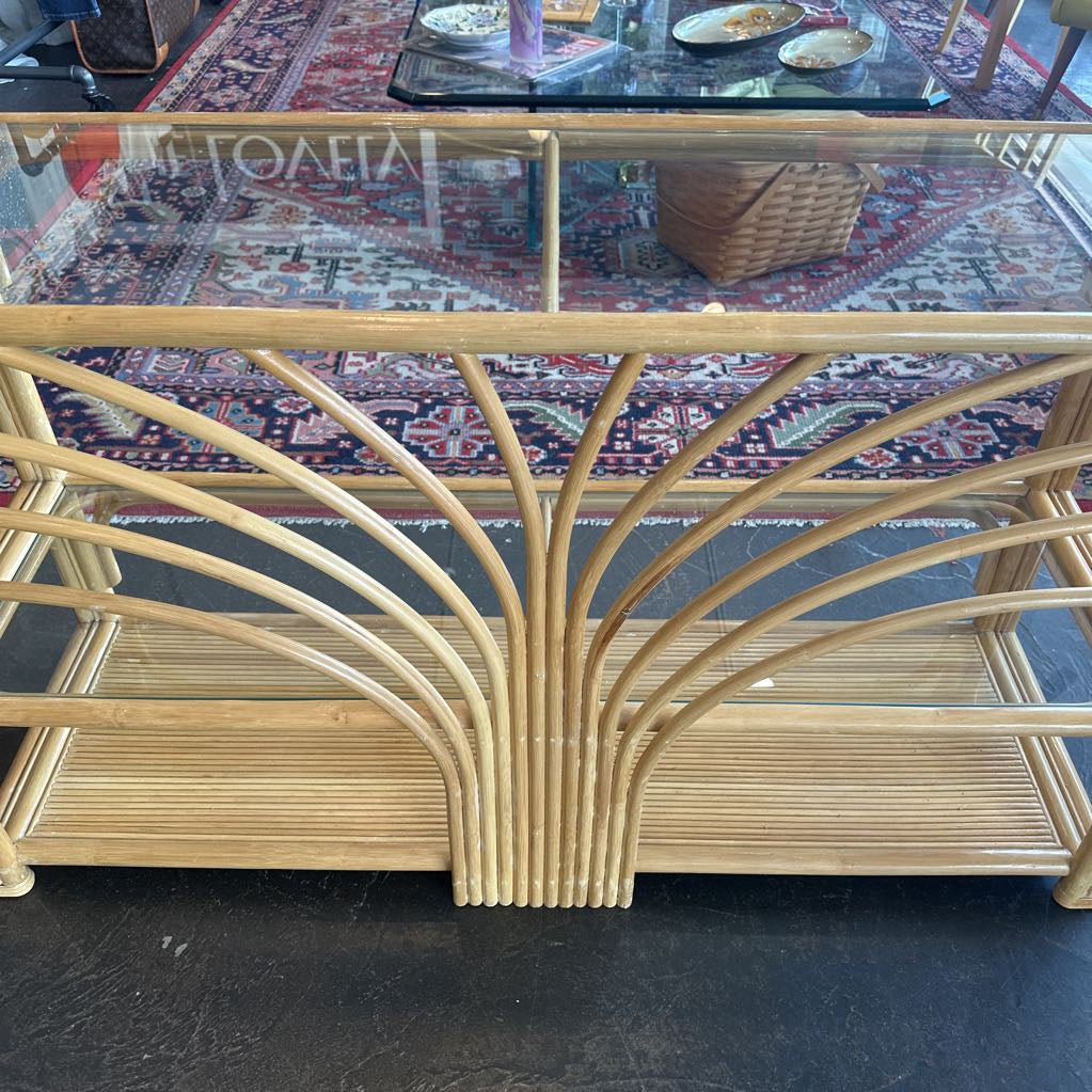 Mid Century Palm Beach Regency Bamboo & Rattan Starburst Console Table