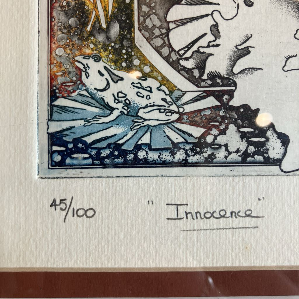 Artistic depiction of a frog with text 'Innocence' and numbers '45/100' on a textured surface.