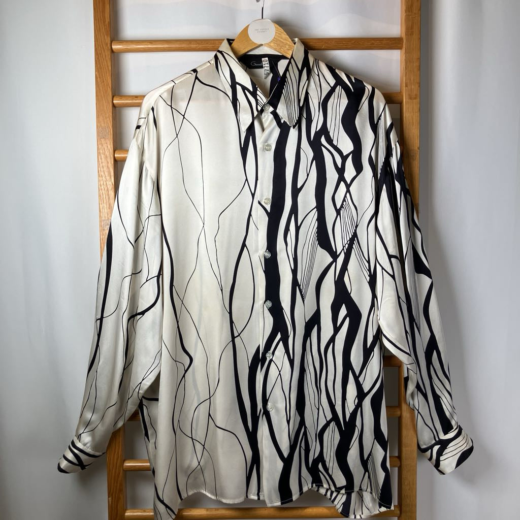 1990s Genelli White Black Silk Long Sleeve Button Up Shirt