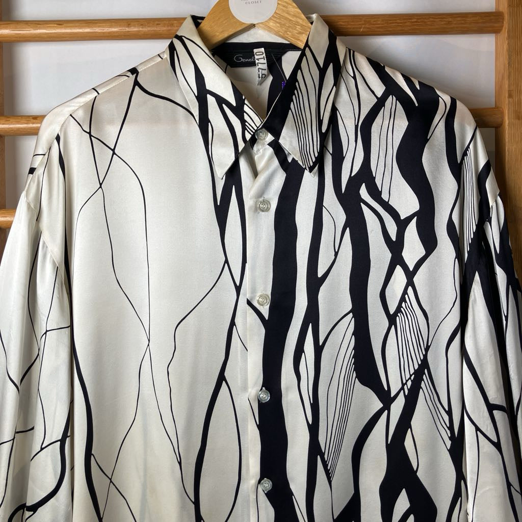 1990s Genelli White Black Silk Long Sleeve Button Up Shirt