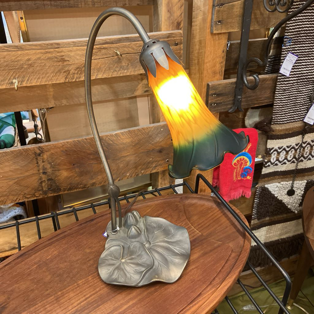 Decorative lamp with a glass shade on a wooden surface