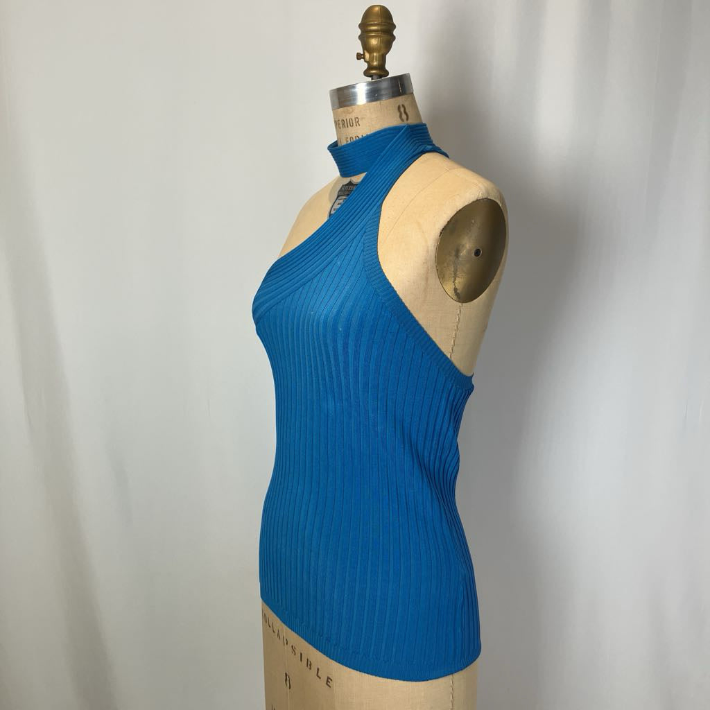 Blue ribbed tank top on a mannequin against a plain background