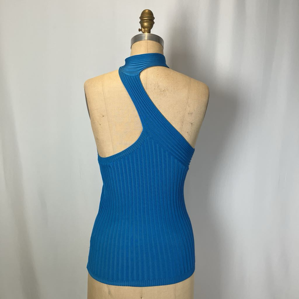 Blue ribbed halter top on a mannequin against a plain background