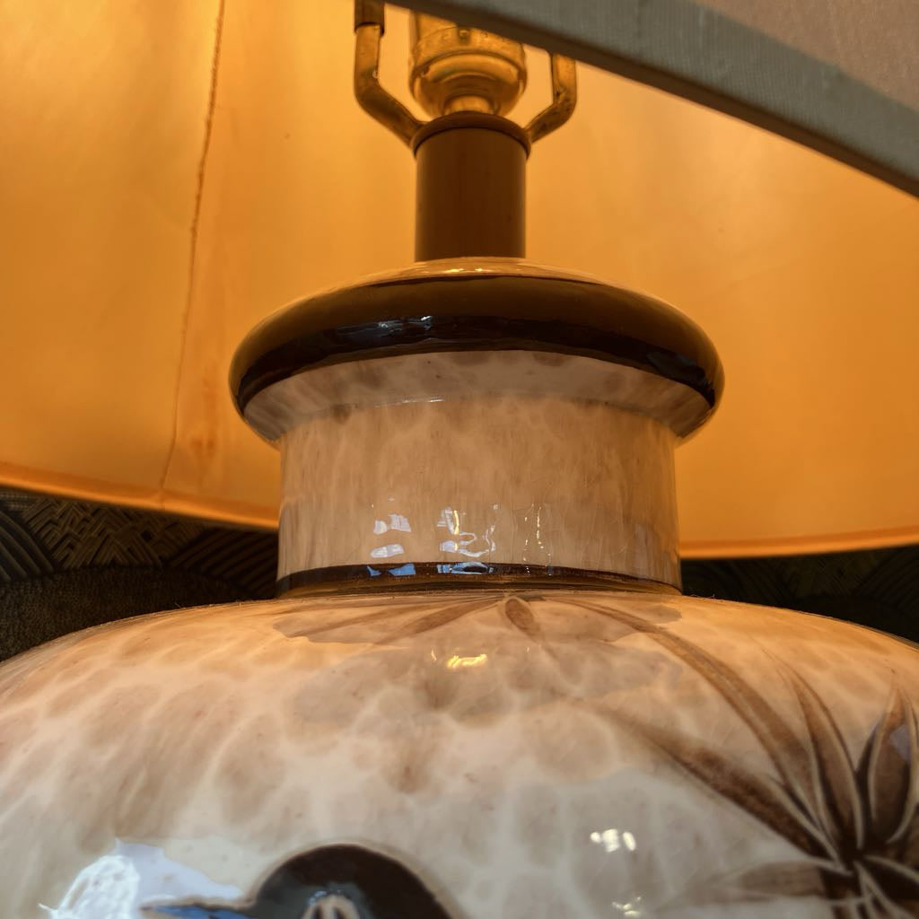Close-up of a decorative lamp with a textured base and yellowish shade.