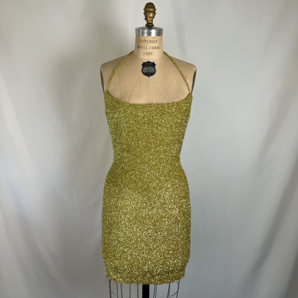 Metallic Knit Mini Halter Dress