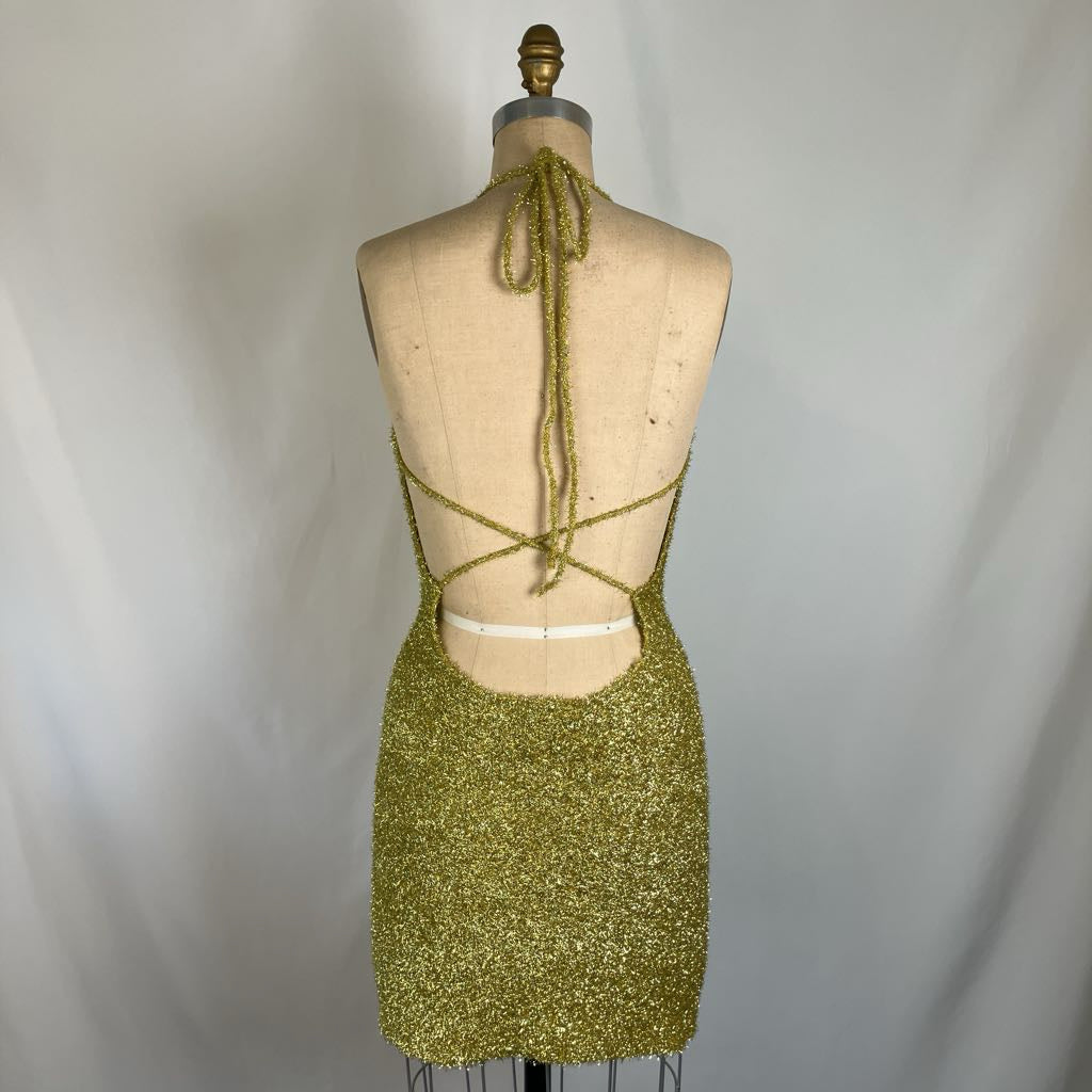 Metallic Knit Mini Halter Dress