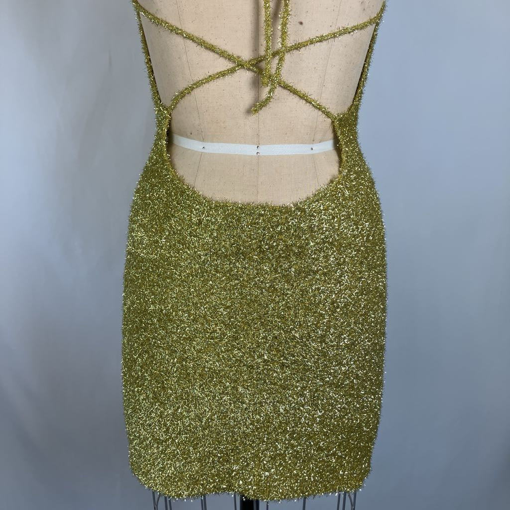 Metallic Knit Mini Halter Dress