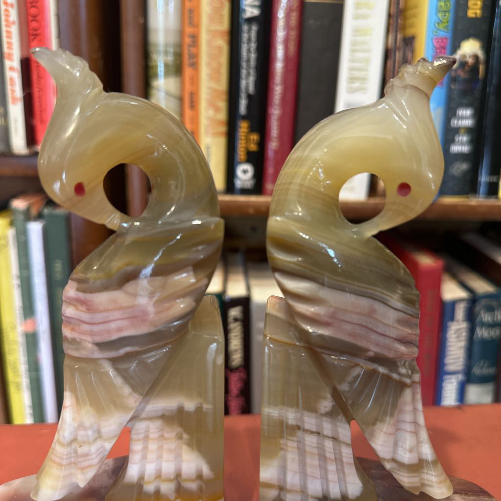 Two decorative stone swan figures in front of a bookshelf.