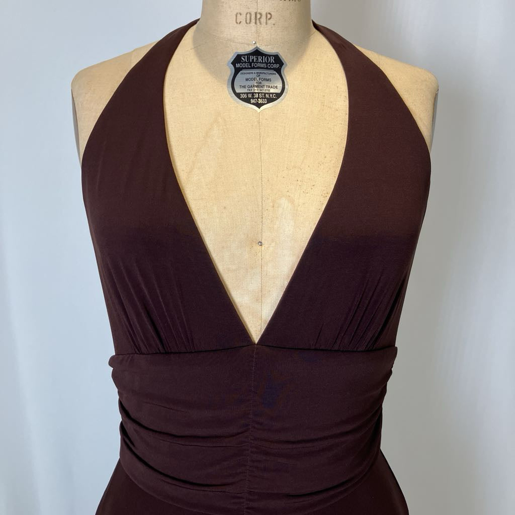 Brown halter top on a mannequin with a plain background