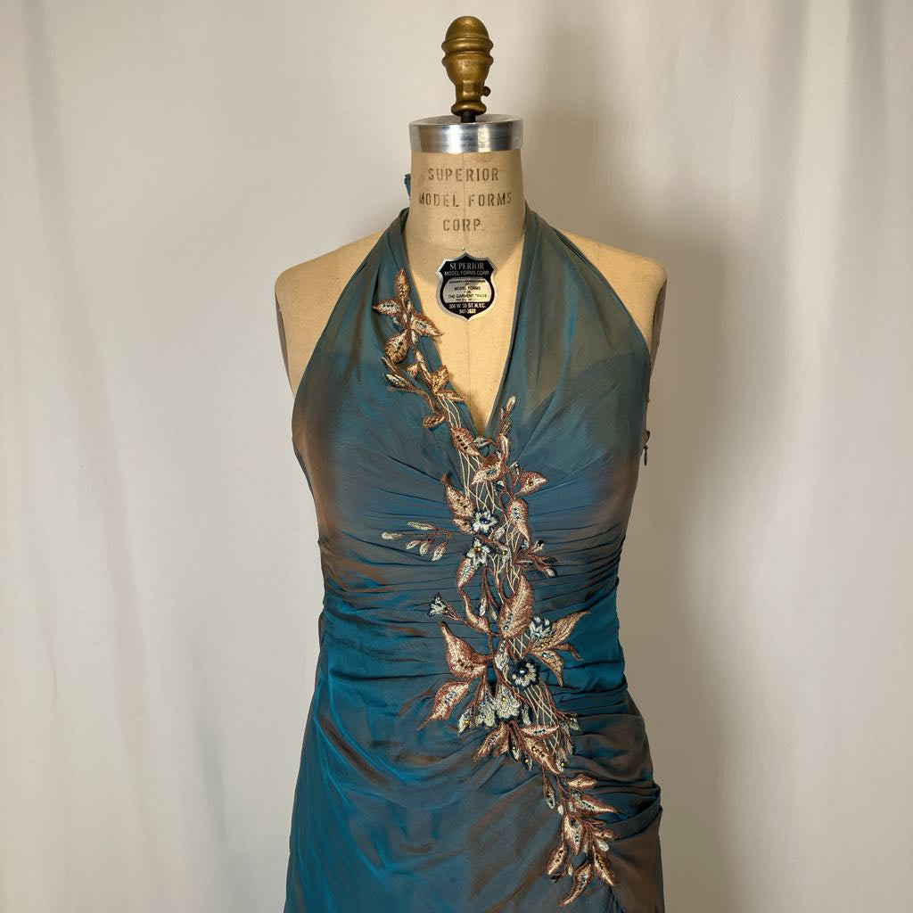 Y2K Vintage Alberto Makali Iridescent Embellished Halter Gown w/ Shawl