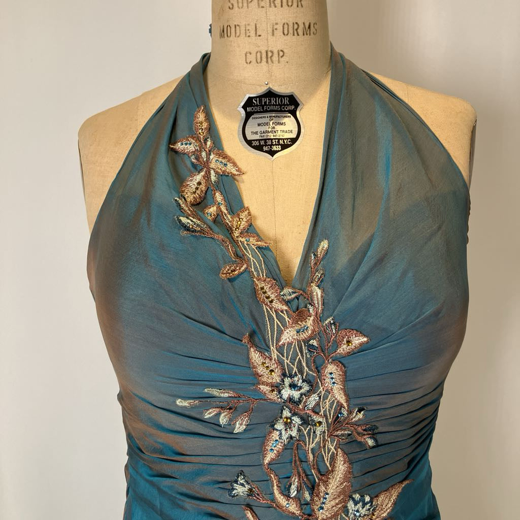 Y2K Vintage Alberto Makali Iridescent Embellished Halter Gown w/ Shawl