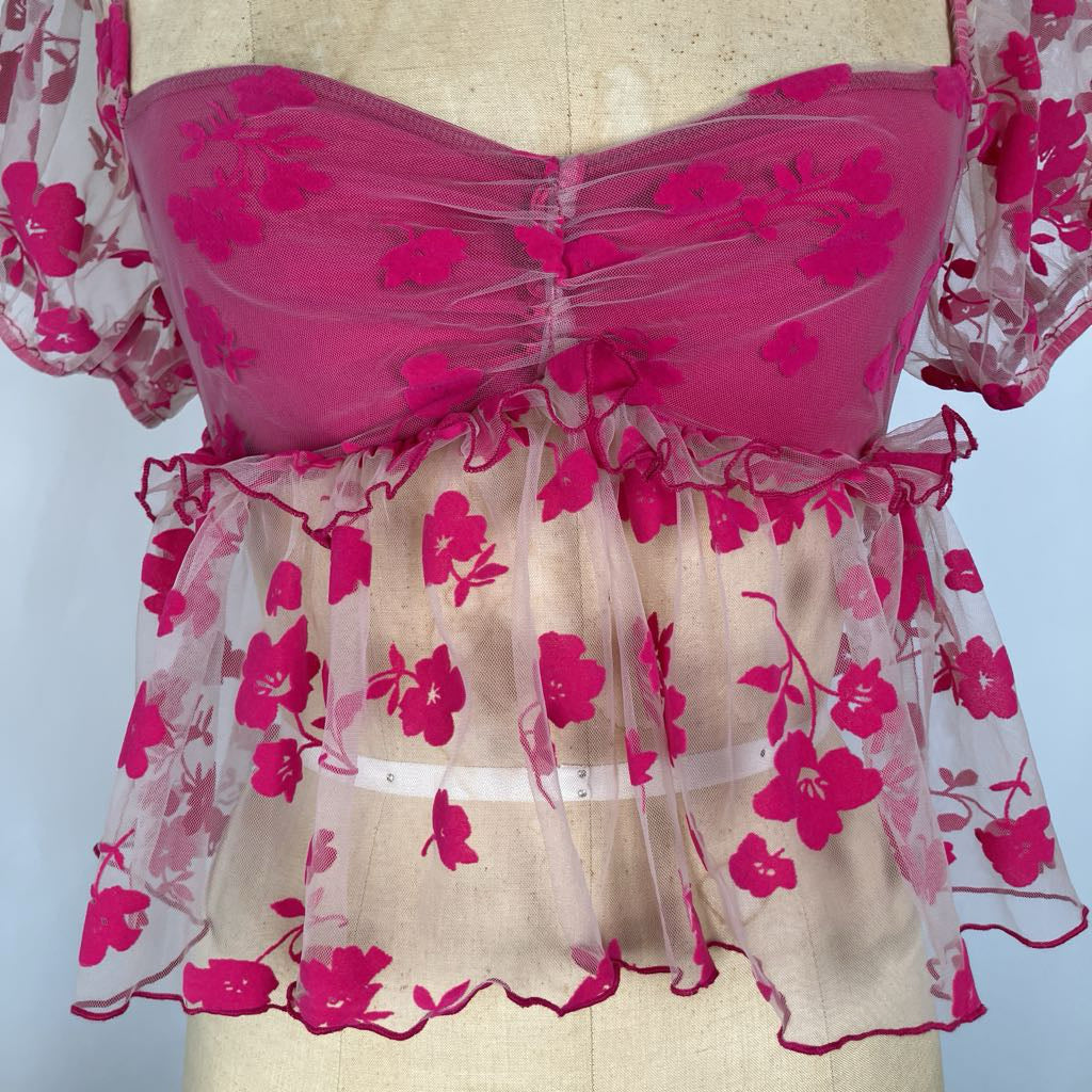 Peplum Top with Sheer Foral Ruffles