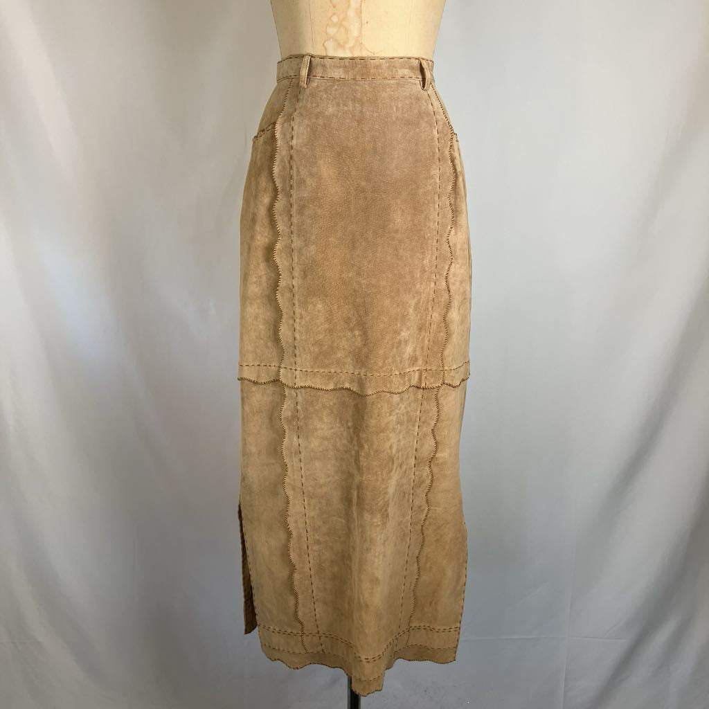Modern Suede Maxi Skirt w/ Scallop Trim & Pockets