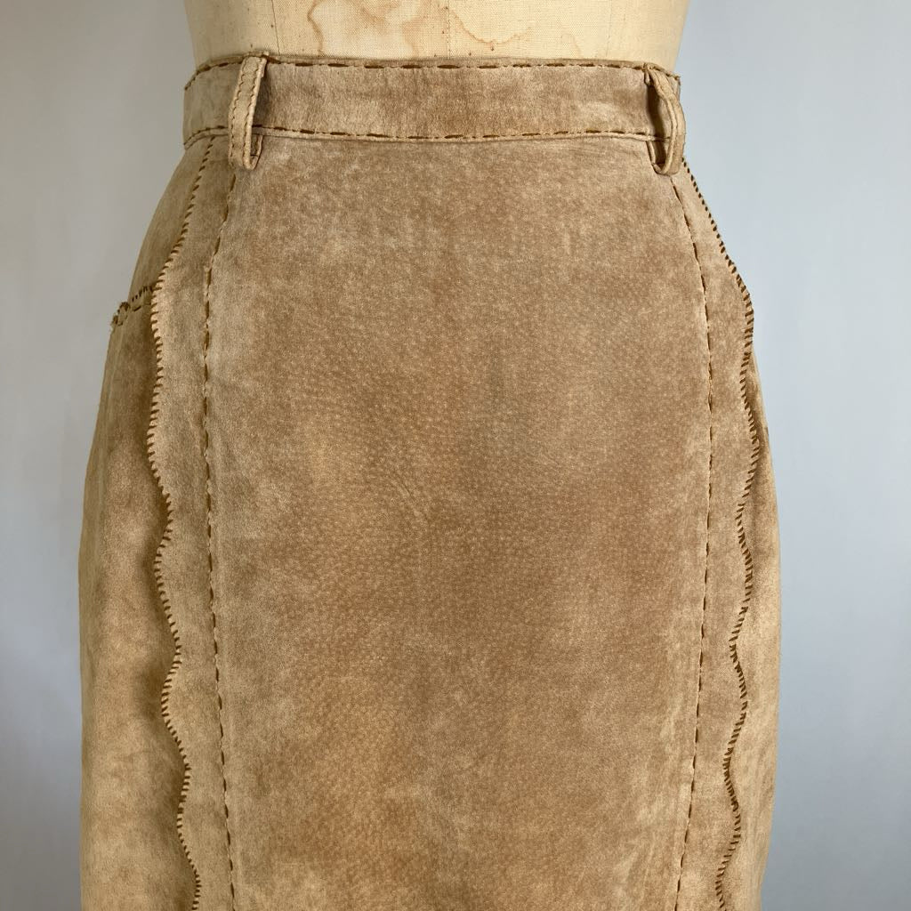 Modern Suede Maxi Skirt w/ Scallop Trim & Pockets