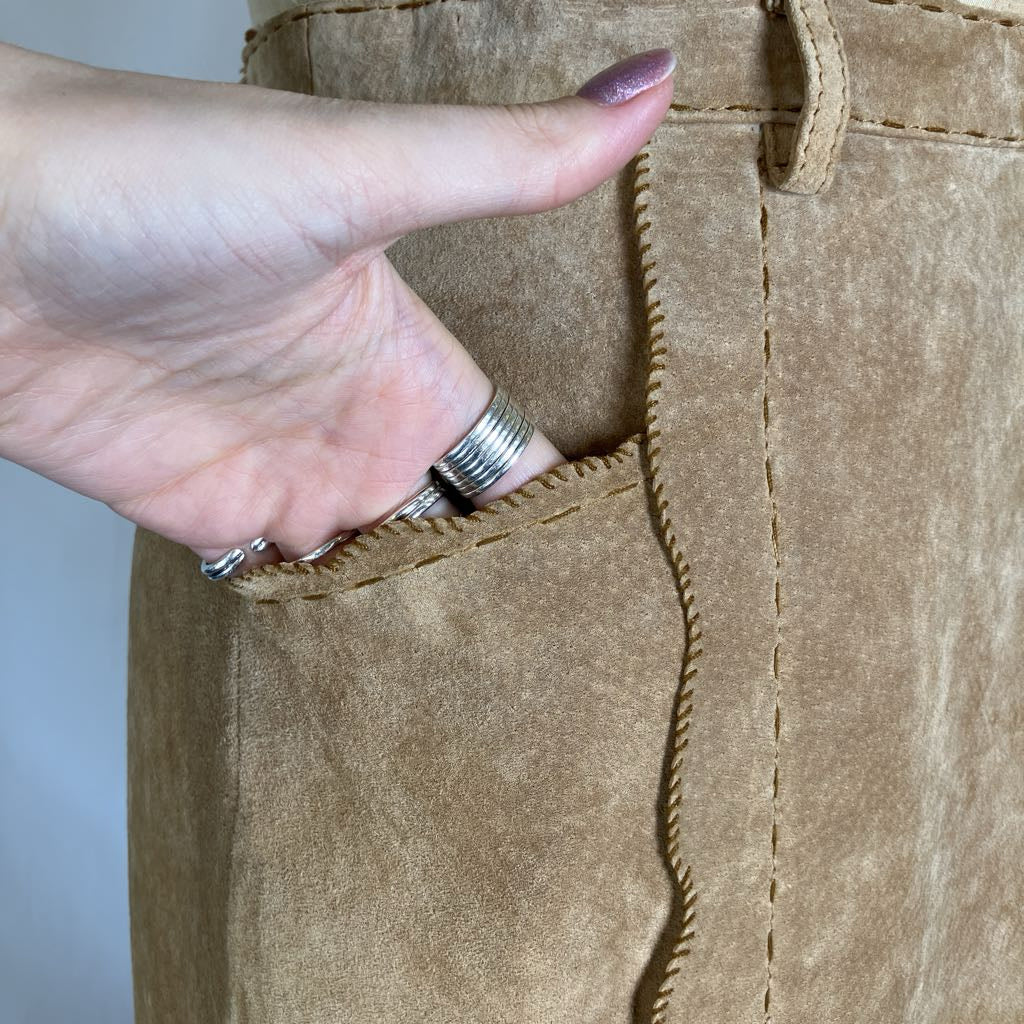 Modern Suede Maxi Skirt w/ Scallop Trim & Pockets