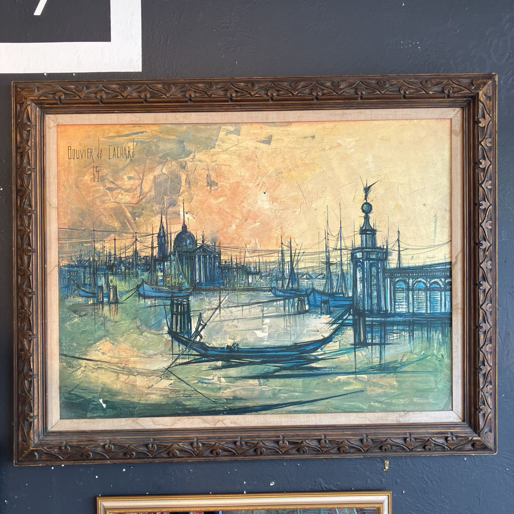 1965 Mid Century Modern Bouvier De Cachard Framed Painting of Venice A