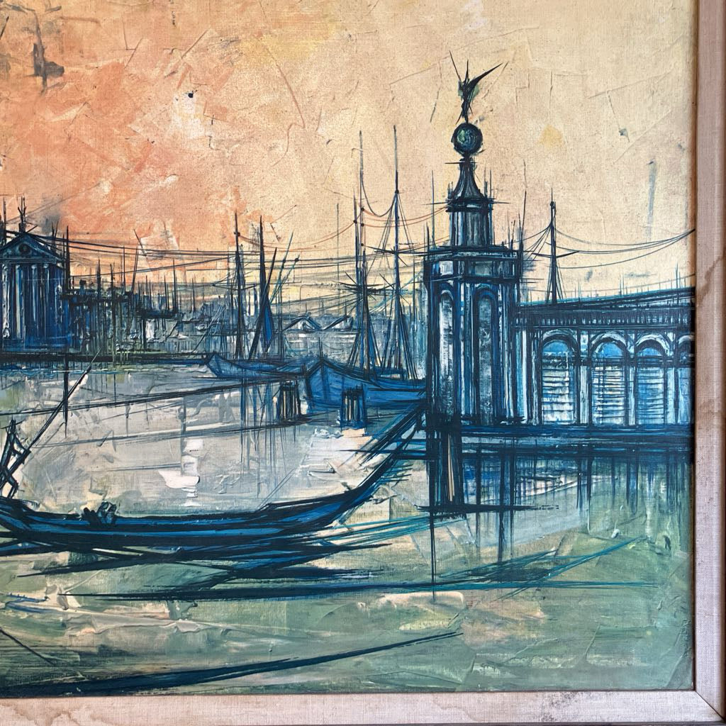 Orange and blue abstractly painted scene in Venice in a wooden frame.