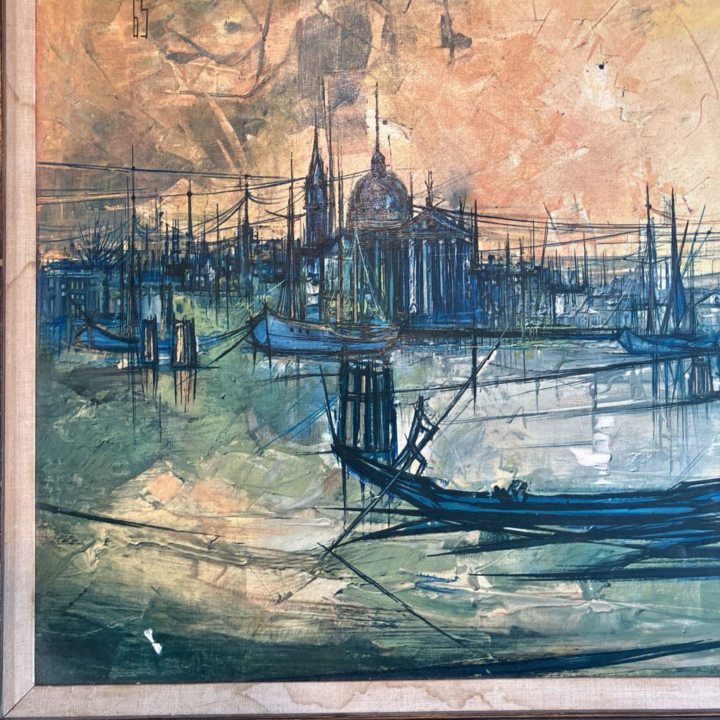 Orange and blue abstractly painted scene in Venice in a wooden frame.