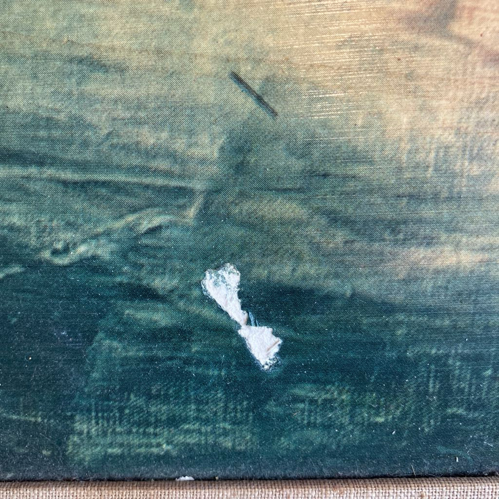 A close-up of a textured painting or canvas showing a dark teal and brown landscape with a small white tear near the center.