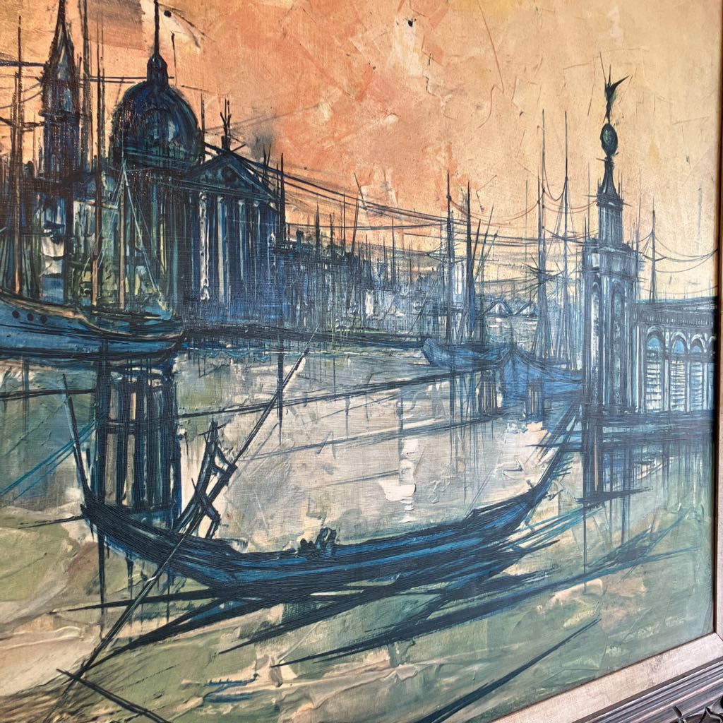 Orange and blue abstractly painted scene in Venice.