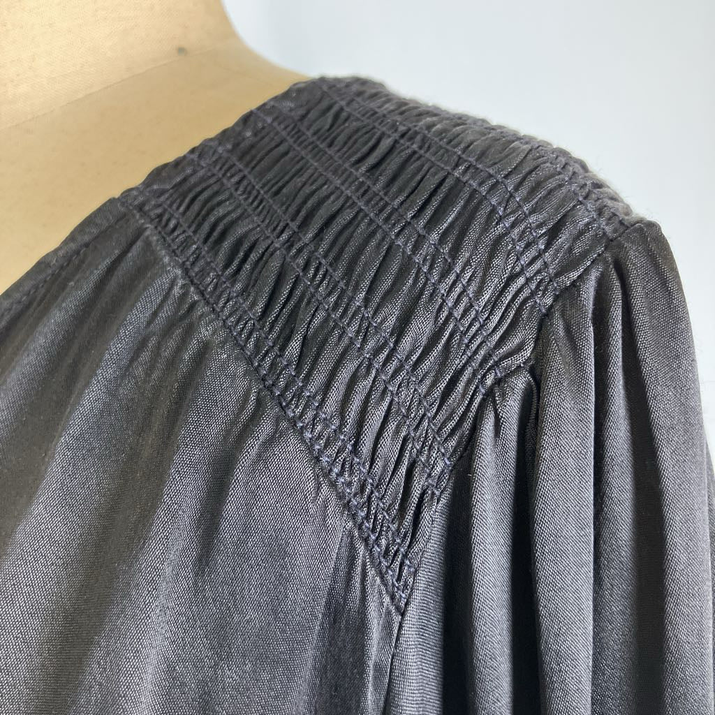 Close-up of a dark gray smocked blouse on a dress form, showing the gathered neckline and textured fabric.