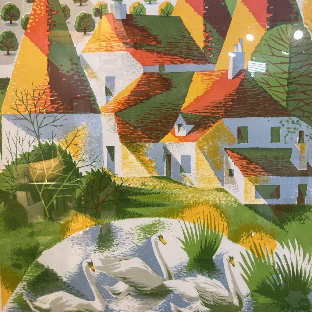 A colorful folk-art style illustration of cottages with orange-red roofs, green trees, and several white swans swimming in a pond in the foreground.