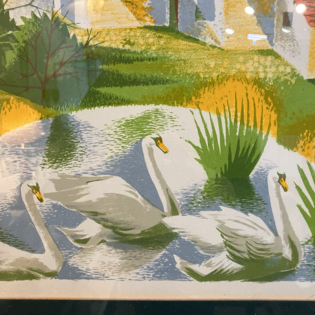 A stylized landscape artwork showing several white swans swimming in a pond, with green grasses, yellow reeds, and a pale sky in the background.