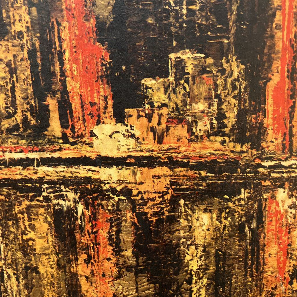 Abstract painting with thick textured brushstrokes in black, gold, orange, and red, featuring a reflective water-like composition.