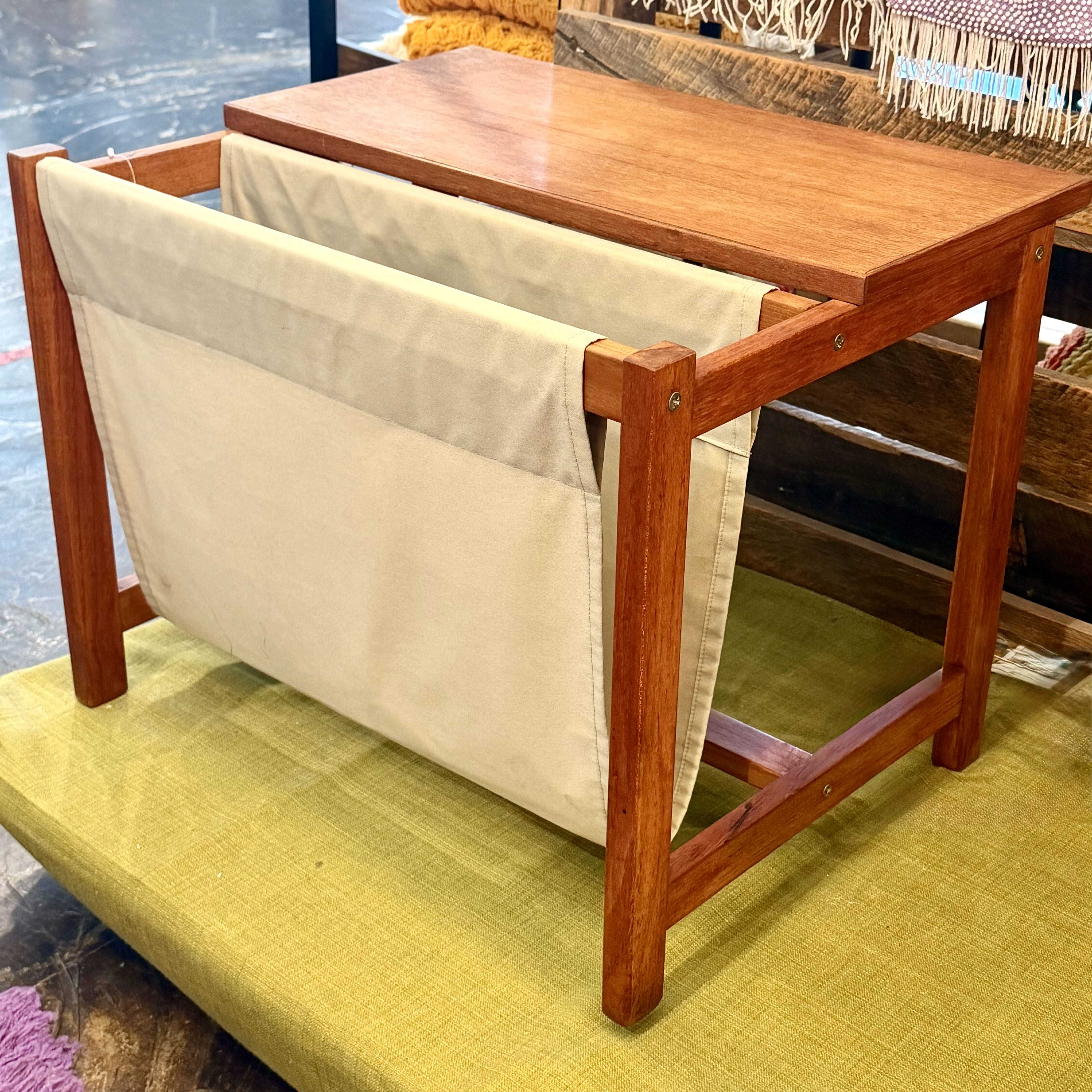 Mid Century Scandinavian Teak Accent Table w/ Canvas Magazine Holder