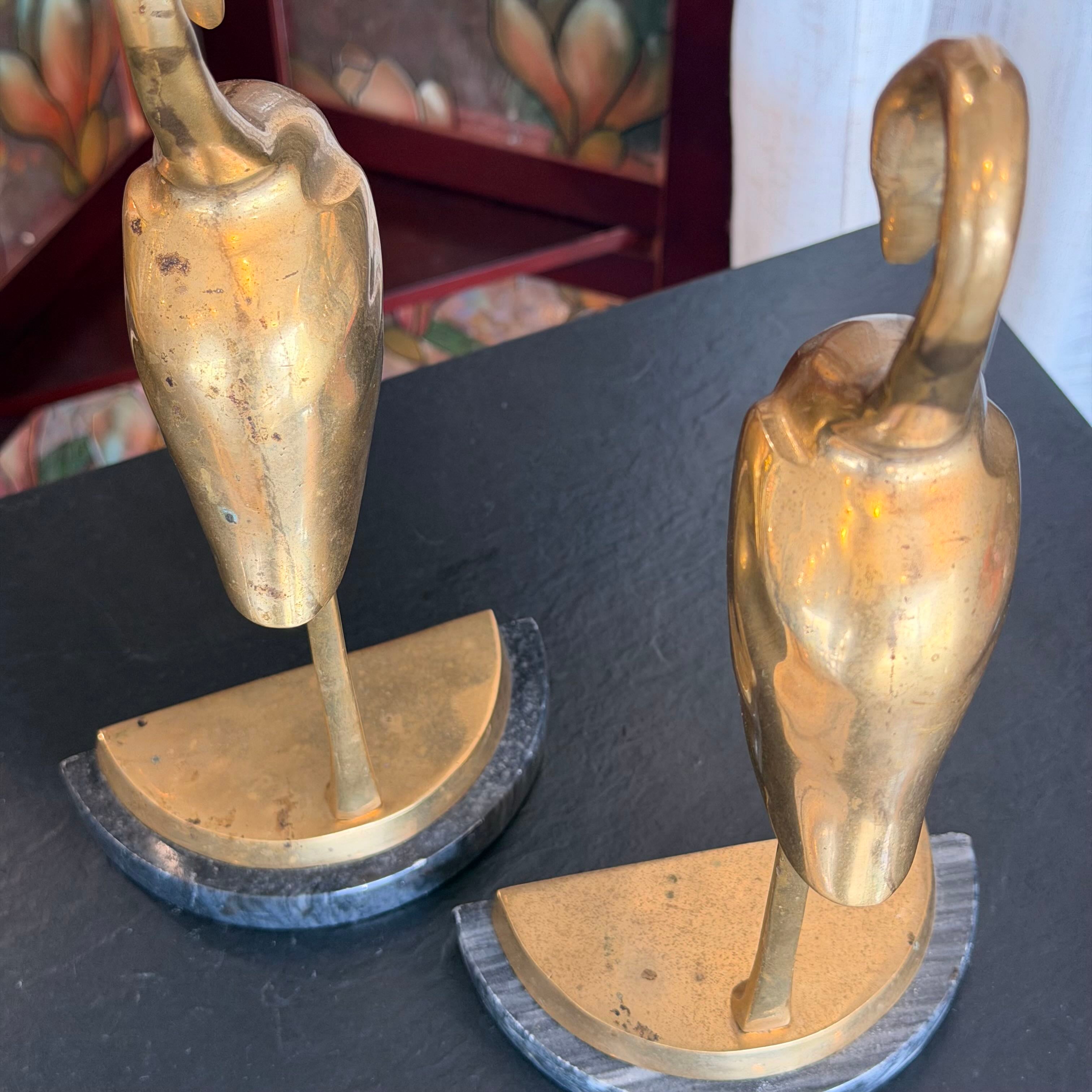 Vintage Brass and Marble Base Swan/Crane Book Ends