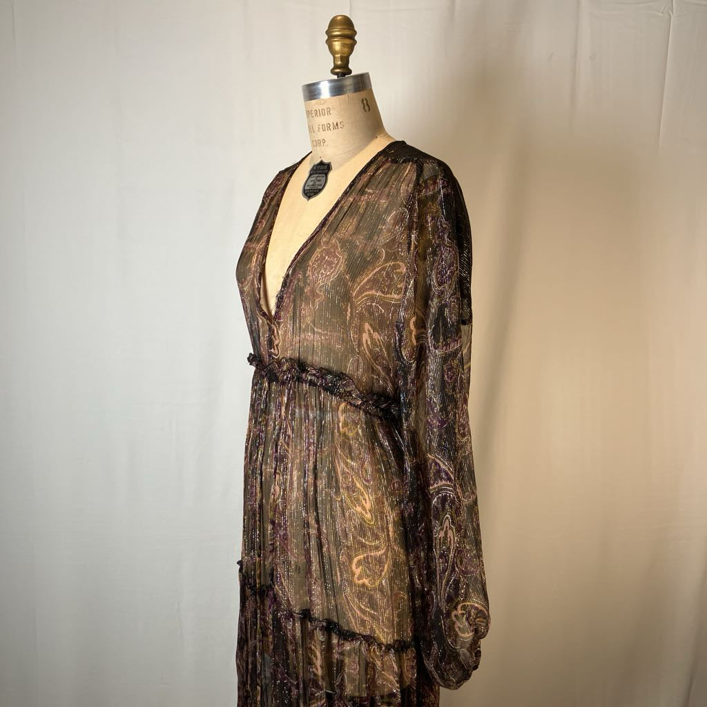 Sheer Boho Maxi Brown Metallic Thread Dress
