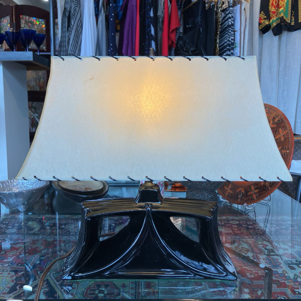 1950s Atomic Black Ceramic Bow Tie Lamp w. Original Laced Fiberglass Shade (As Is)