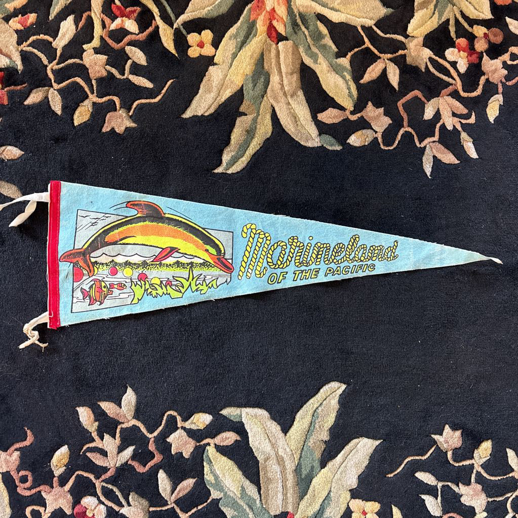 A colorful pennant flag for "Marineland" with the image of a dolphin and some fish. This flag is on a black floral rug.