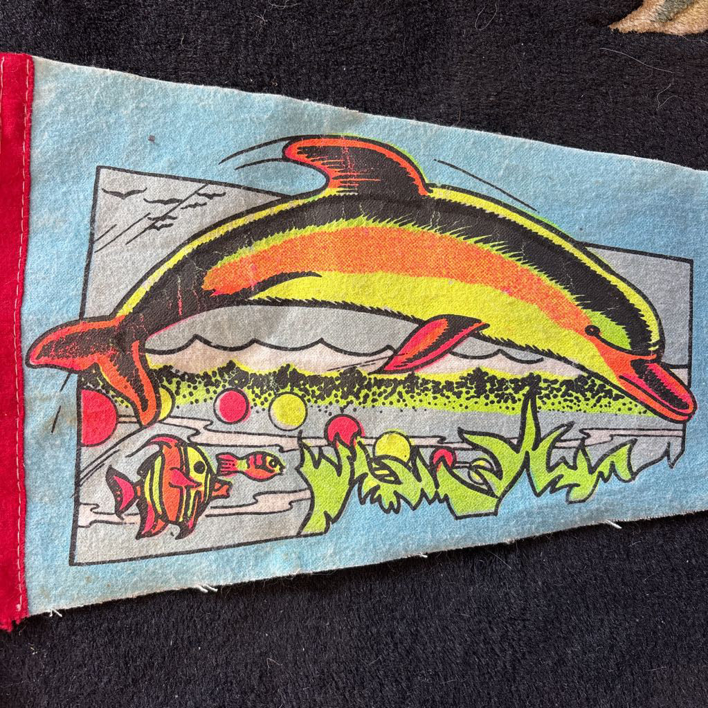A colorful pennant flag for "Marineland" with the image of a dolphin and some fish. This flag is on a black floral rug.