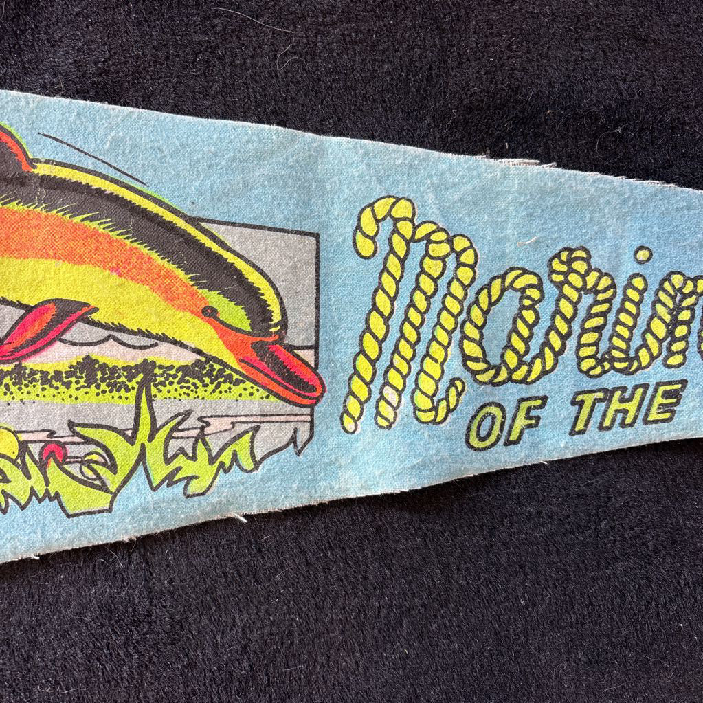 A colorful pennant flag for "Marineland" with the image of a dolphin and some fish. This flag is on a black floral rug.