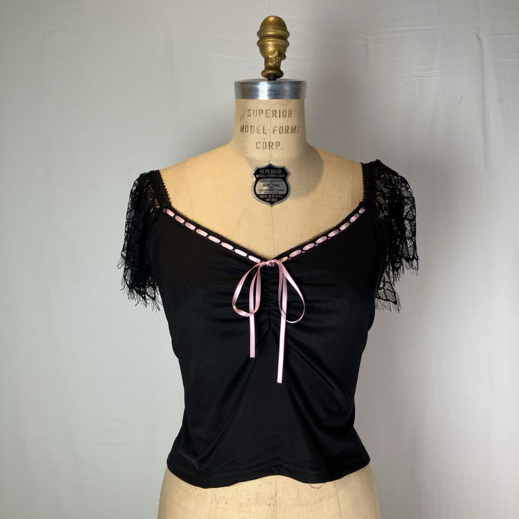 Black and Pink Lace and Bow Detail Top