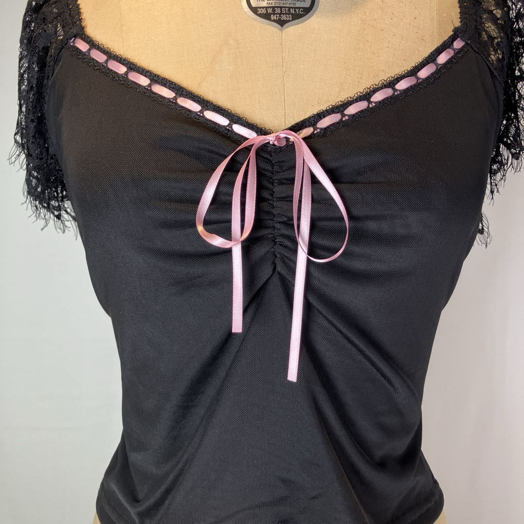 Black and Pink Lace and Bow Detail Top