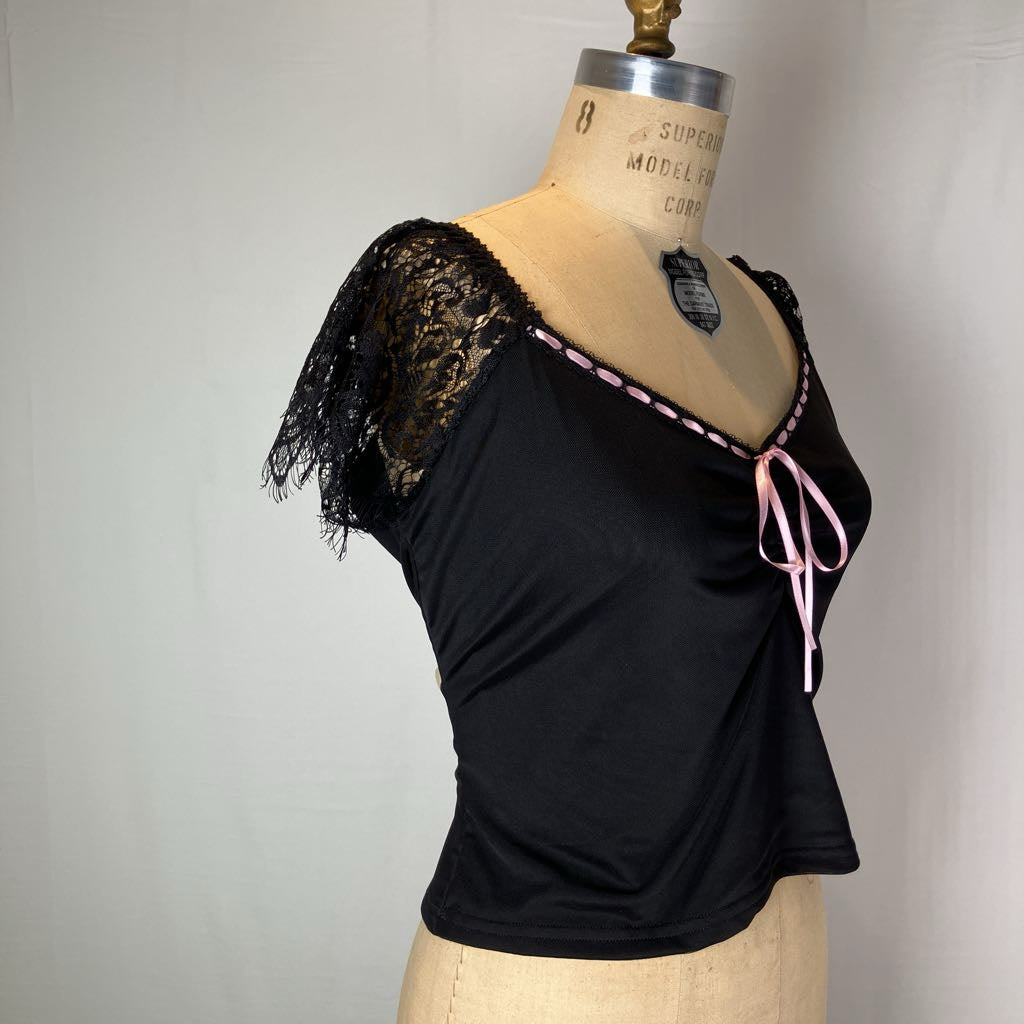 Black and Pink Lace and Bow Detail Top