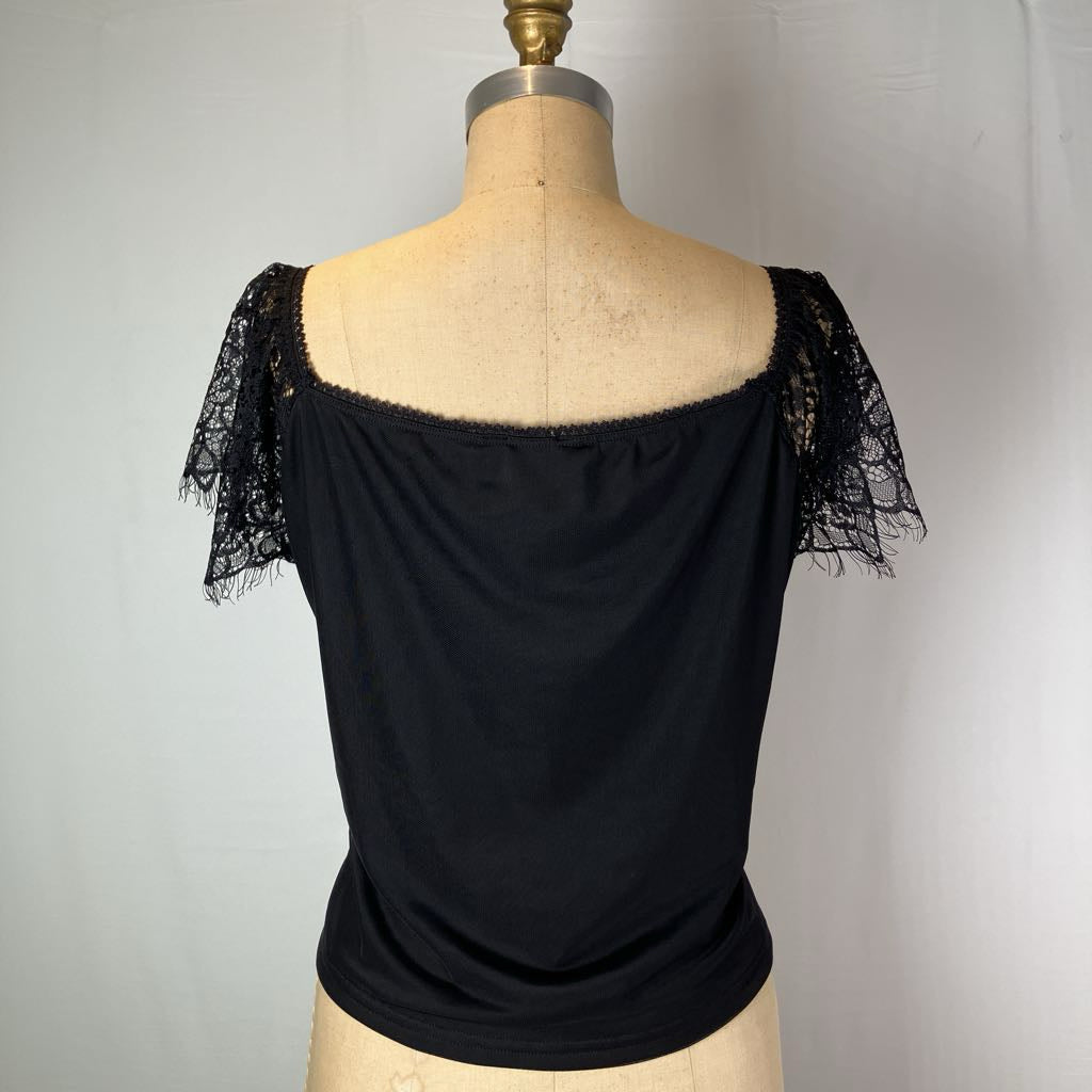 Black and Pink Lace and Bow Detail Top