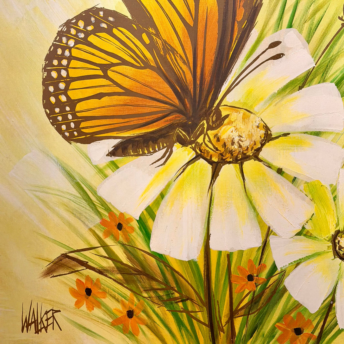 A painted floral scene featuring a monarch butterfly perched on a large white flower with yellow center, surrounded by green stems and small orange flowers. The artwork has a soft cream and yellow background and is signed Walker in the lower left.
