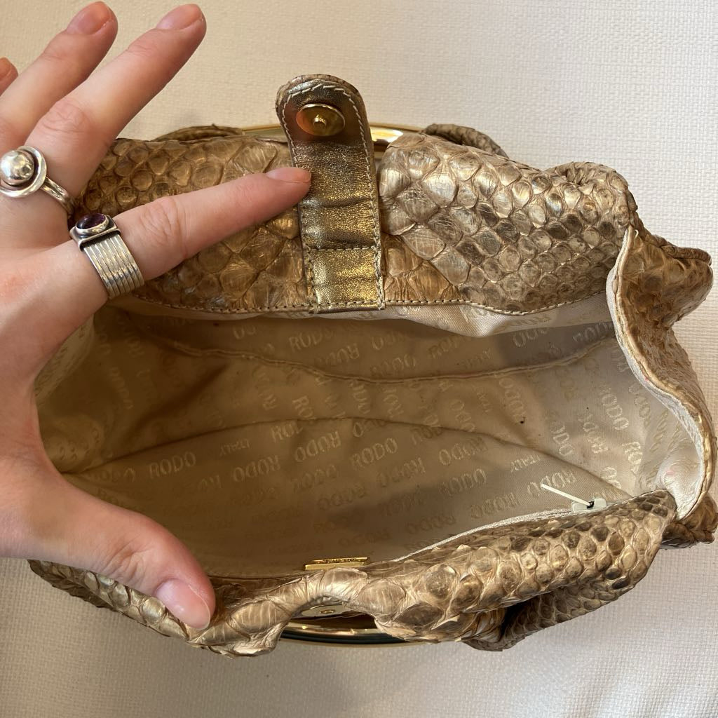 A close-up of a hand holding open a metallic gold python-textured clutch bag, showing the patterned interior lining with the brand name 'Aldo Rossi' repeated.