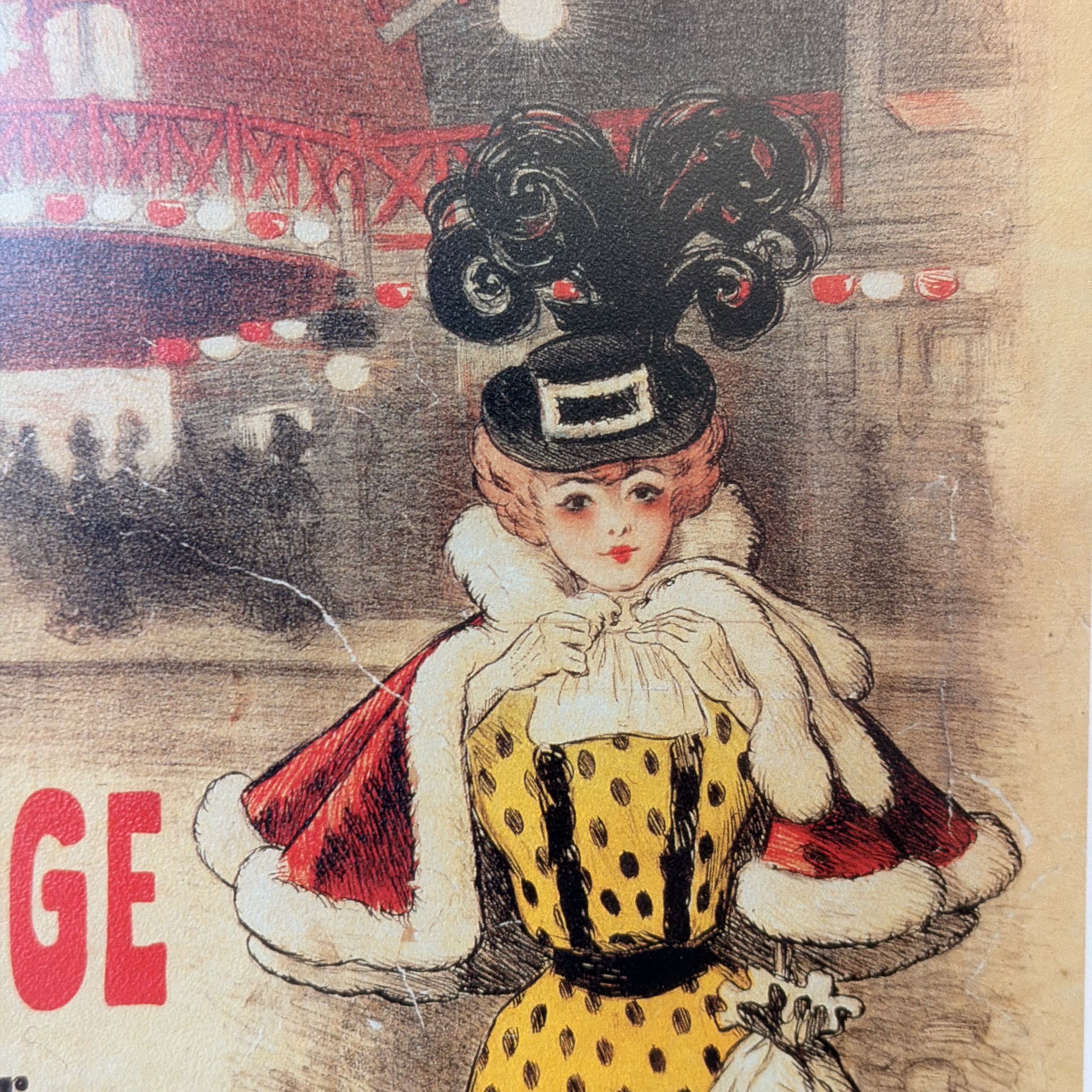 Vintage-style illustrated artwork of a woman in an ornate black hat with large feathered details, a white fur-trimmed coat, and a yellow-and-black polka-dot dress, set against a softly blurred street scene with red lights. Large red letters 'GE' appear at the lower left.