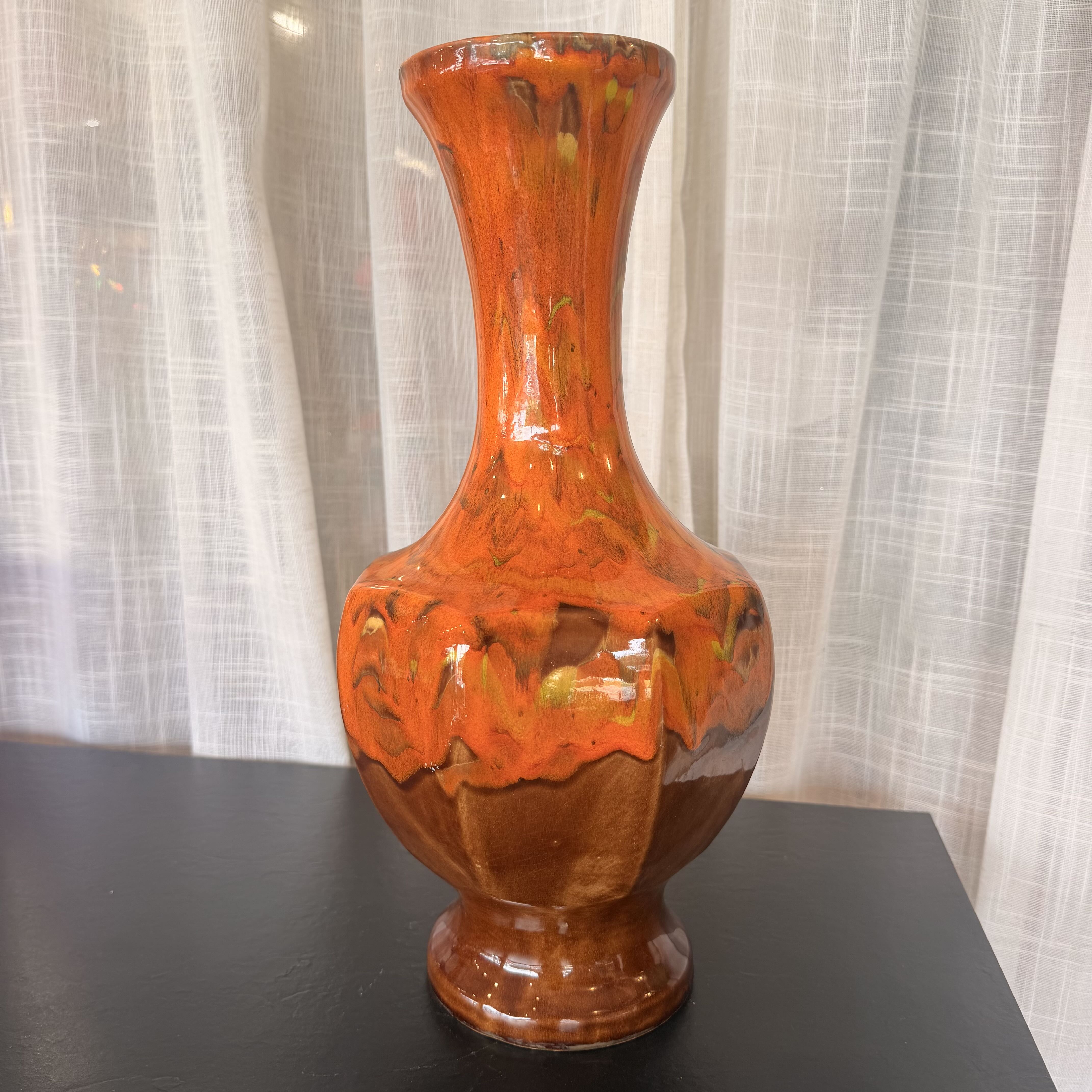 Vintage Orange & Brown Drip Glaze Vase