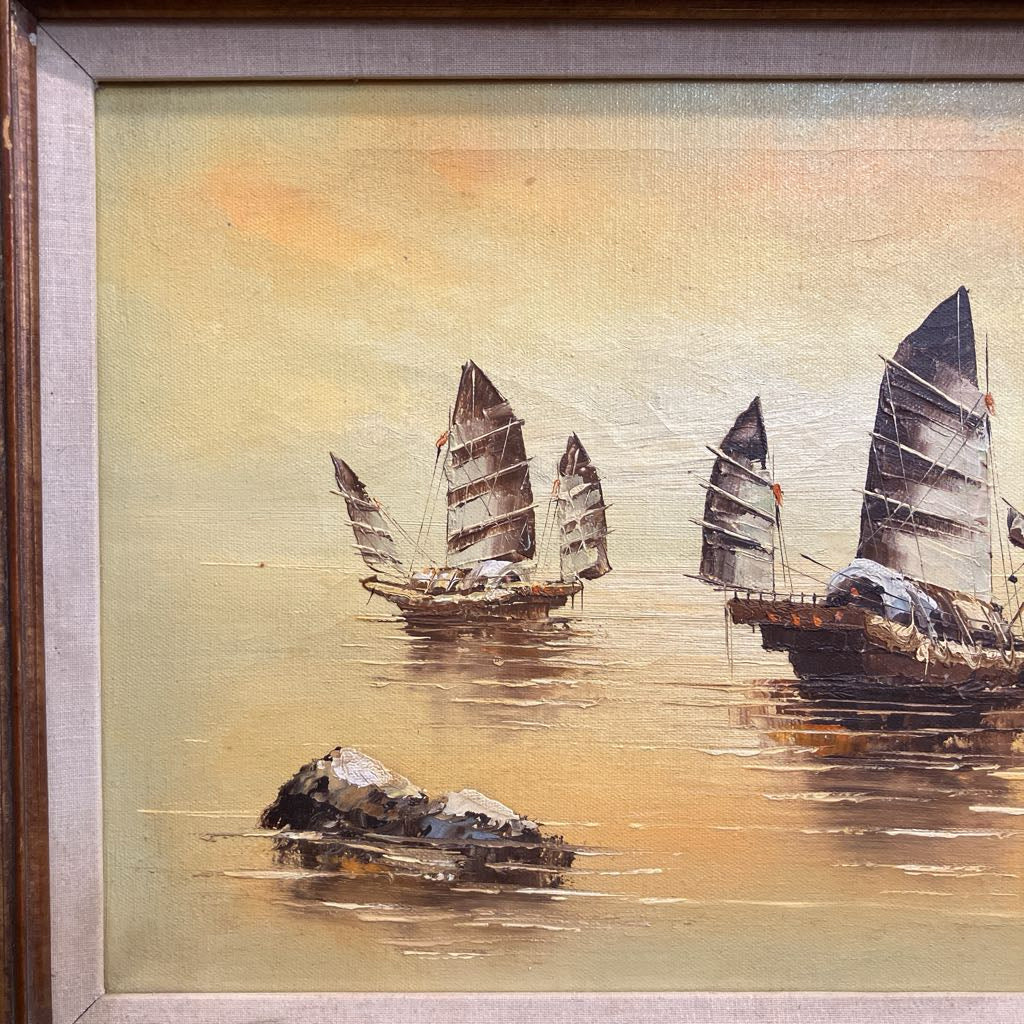 Mid Century Artwork of Chinese Junk Ships Signed P. Wong