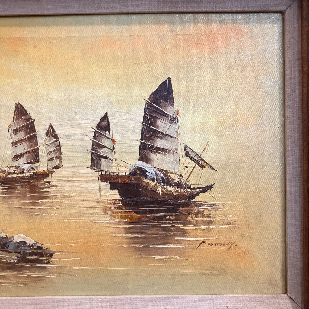 Mid Century Artwork of Chinese Junk Ships Signed P. Wong