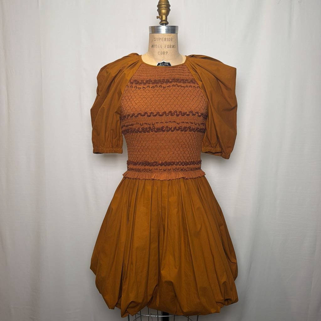 A vintage-style brown dress displayed on a dress form mannequin against a white fabric backdrop. The dress features a smocked bodice with horizontal textured bands, a gathered skirt, and voluminous puff sleeves.