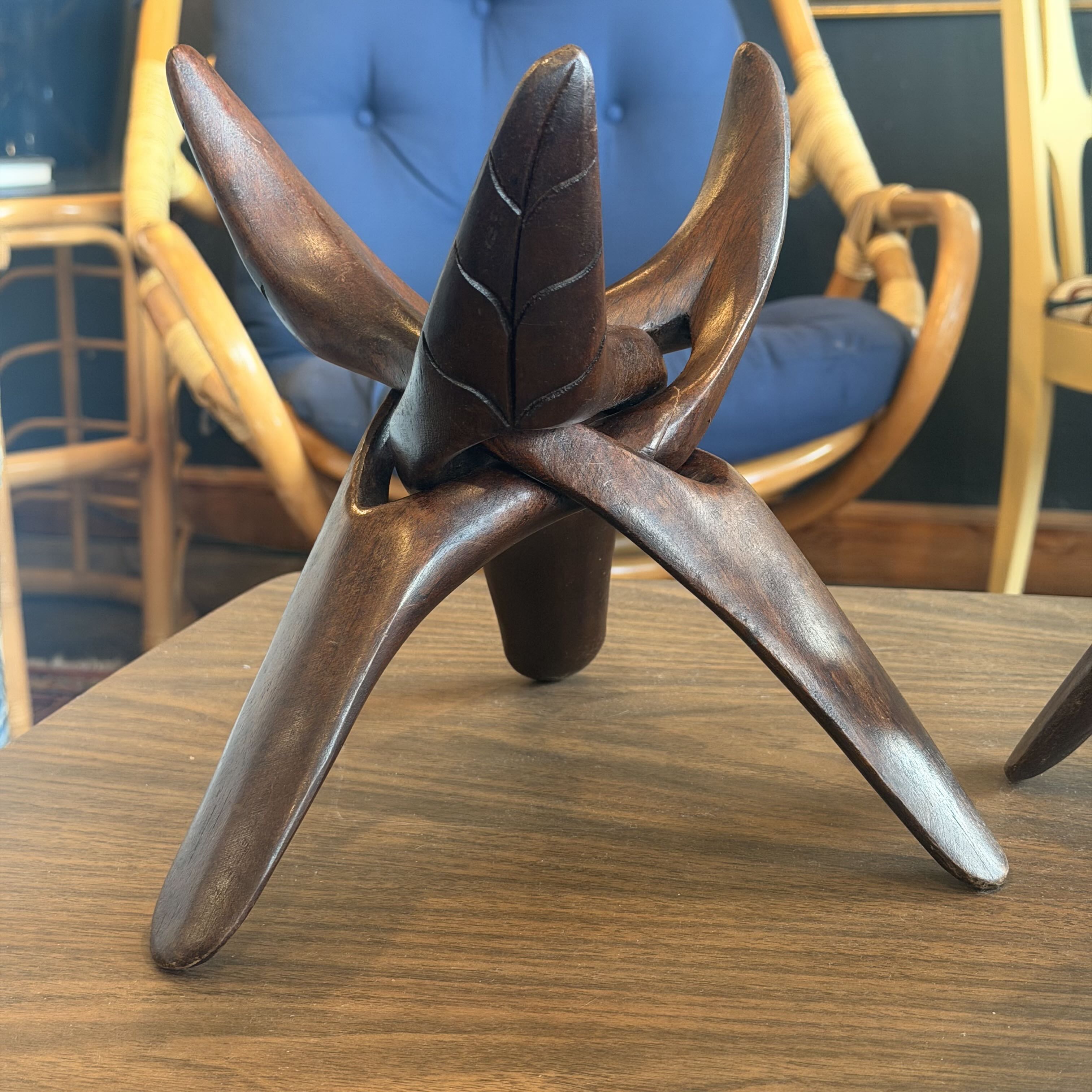Mid Century Carved Wood Tripod Stand Set (2)